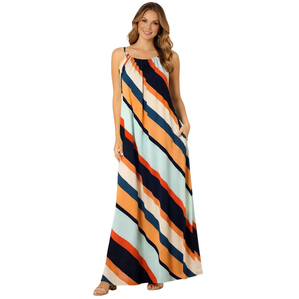 Olivia Matthews Maxi‎ Dress Womens Medium Multicolor Halter Neck Sleeveless